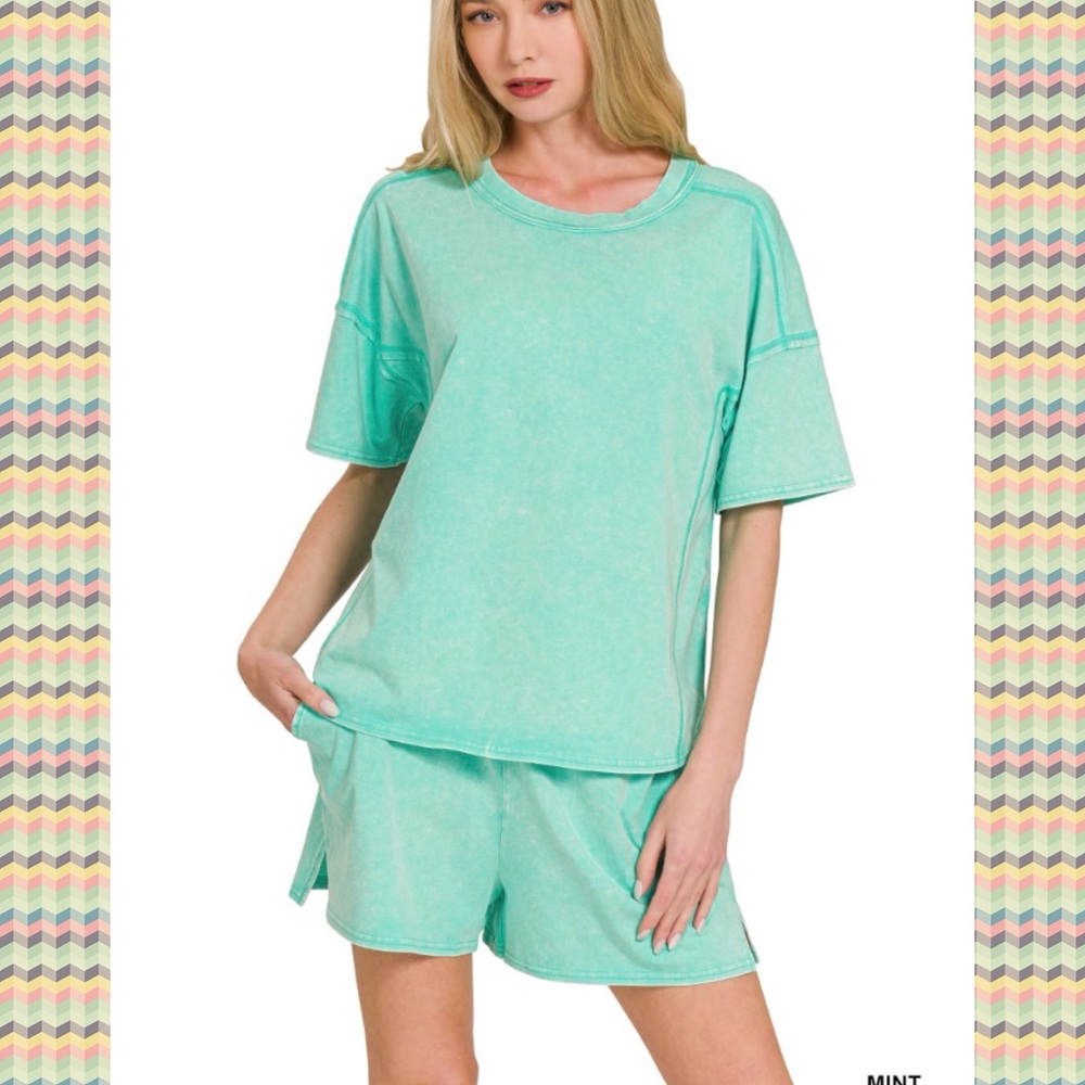 ACID WASHED SHORT SLEEVE TEE & SHORTS SET Mint Green